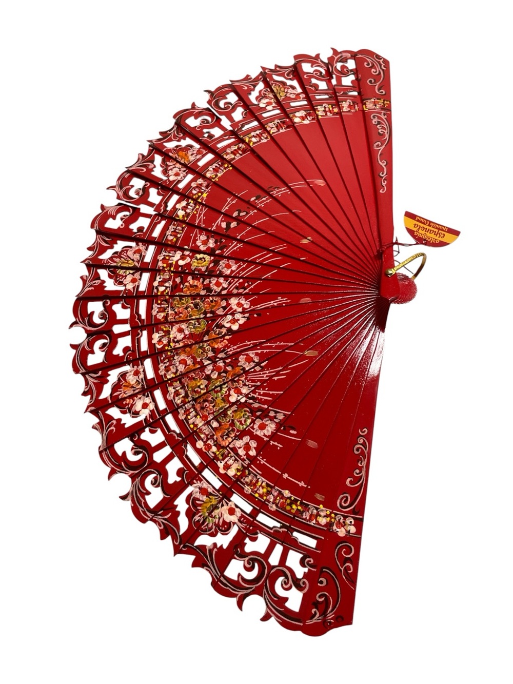 Handmade Spanish Folding Fan | Red Floral Wood Lace Design | Authentic Label Att